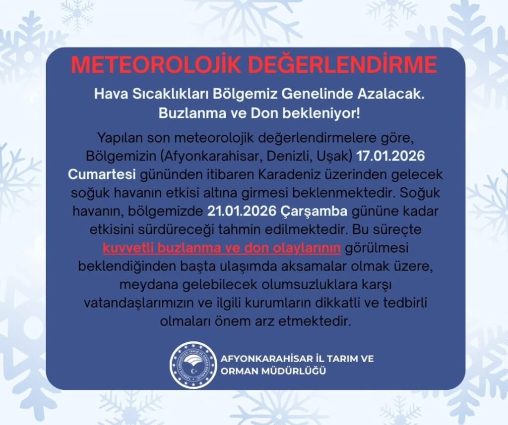Afyonkarahisar İl Tarım ve Orman Müdürlüğü’nden Meteorolojik Uyarı