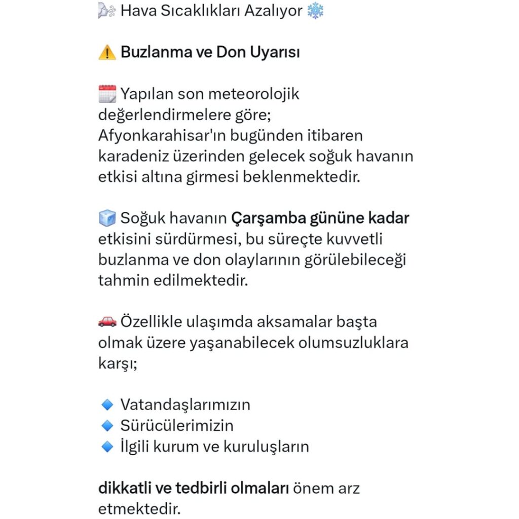 Afyonkarahisar’da Hava Sıcaklıkları Düşüyor: Buzlanma ve Don Uyarısı