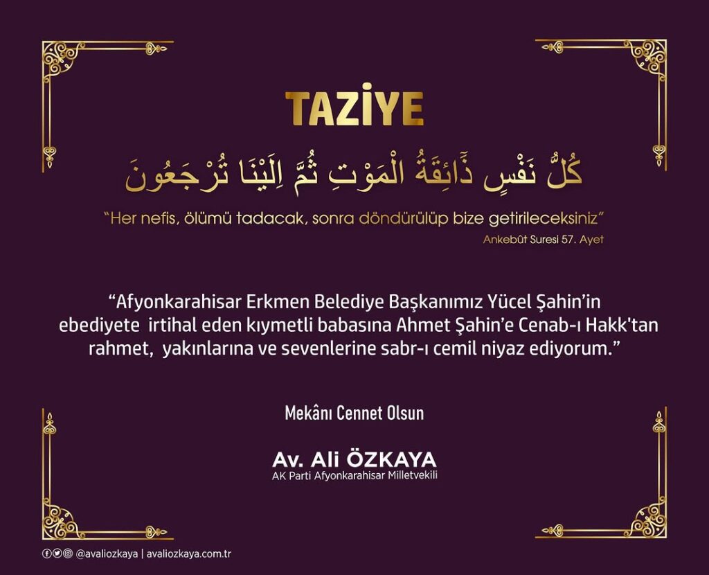 Afyonkarahisar Erkmen Belediye Başkanı Yücel Şahin’den Başsağlığı Mesajı