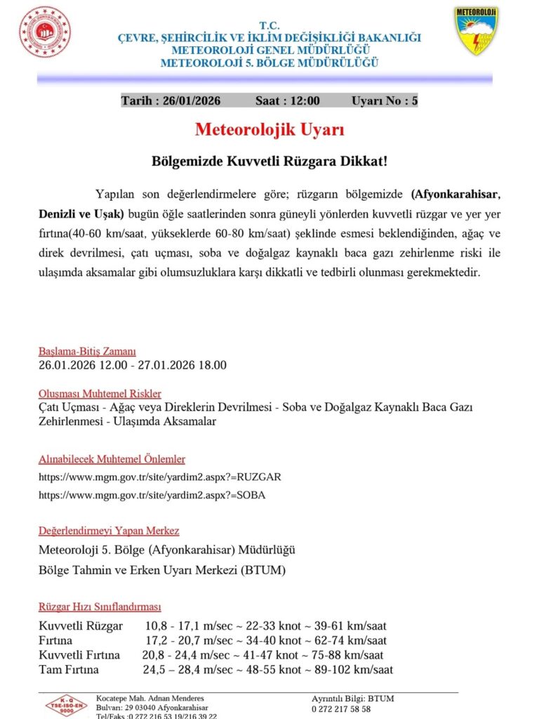 Afyonkarahisar ve Denizli İçin Meteorolojik Uyarı: Kuvvetli Rüzgara Dikkat!