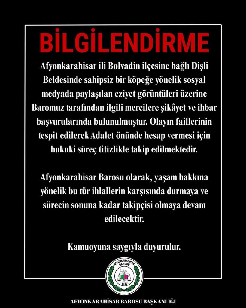 Afyonkarahisar Barosu’ndan Önemli Açıklama: Hayvan İstismarına Karşı Hukuki Süreç Başlatıldı