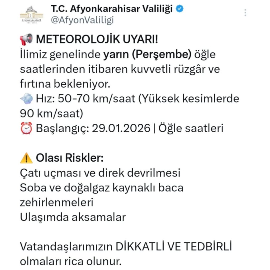 Afyonkarahisar Valiliği’nden Meteorolojik Uyarı: Kuvvetli Rüzgâr ve Fırtına Bekleniyor