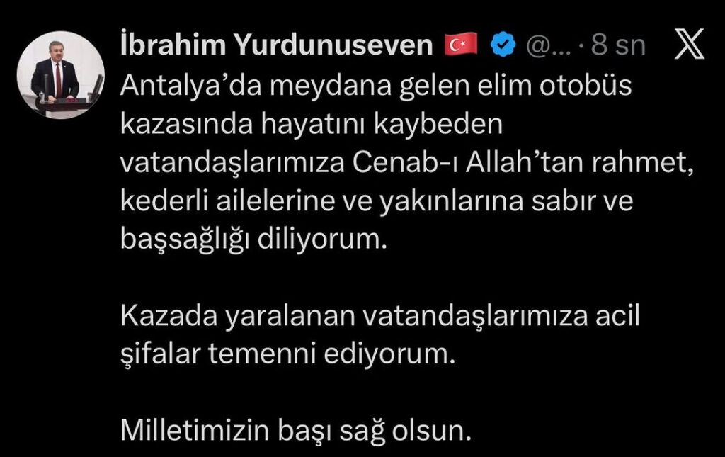 Antalya’da Otobüs Kazasında Hayatını Kaybedenler İçin Başsağlığı Mesajı