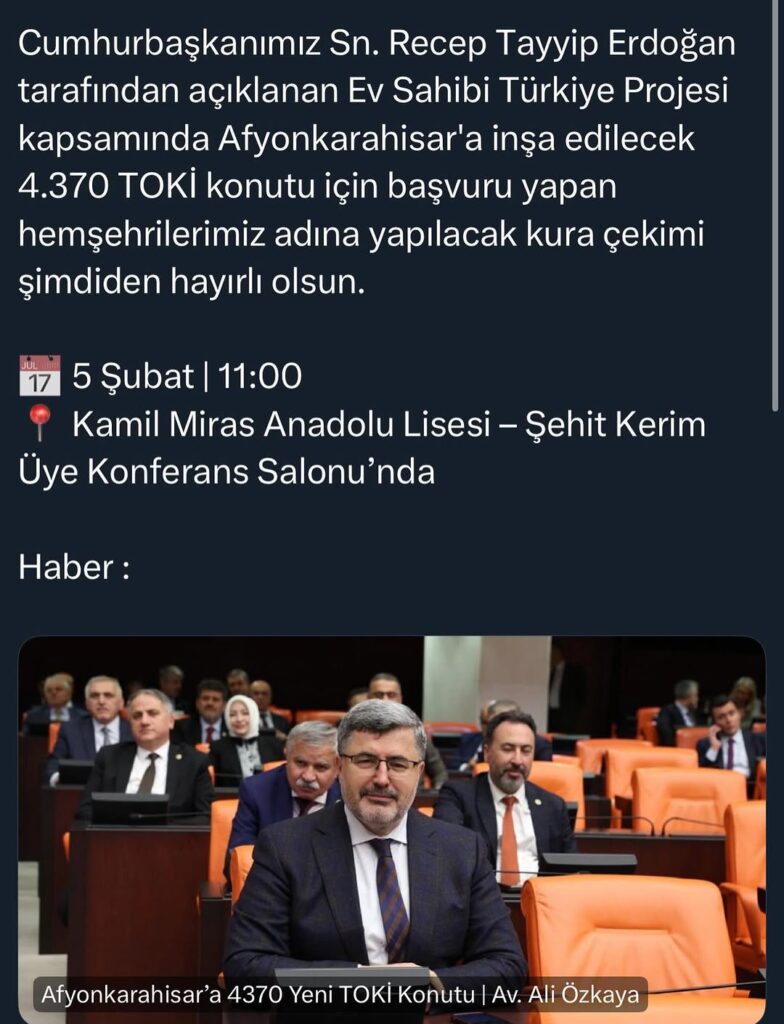 Cumhurbaşkanı Erdoğan’dan Afyonkarahisar’a 4.370 TOKİ Konutu Müjdesi