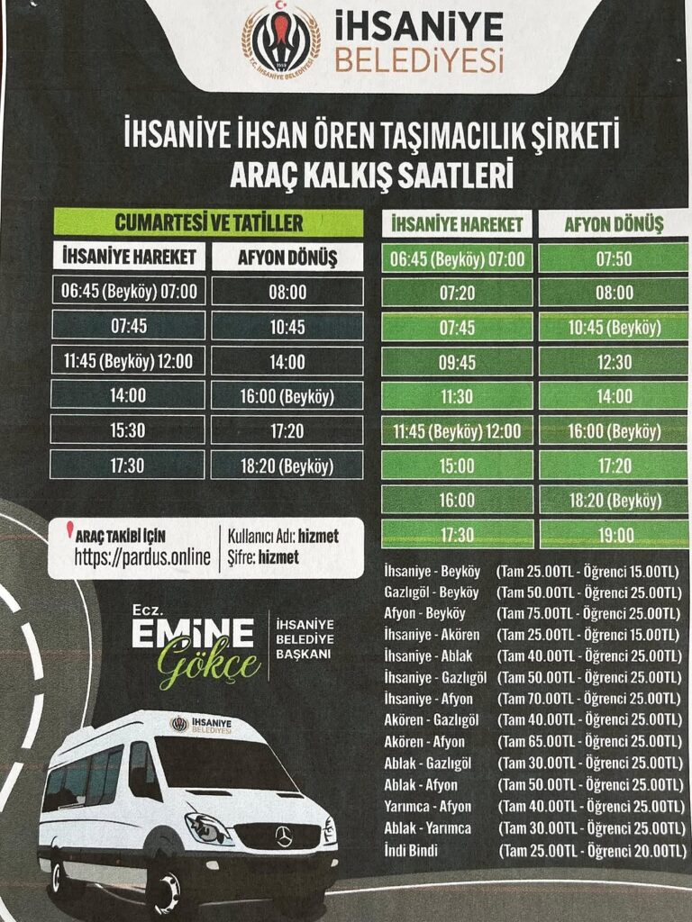 İhsaniye İhsan Ören Taşımacılık Şirketi Yeni Tarife Fiyatları ve Saatleri