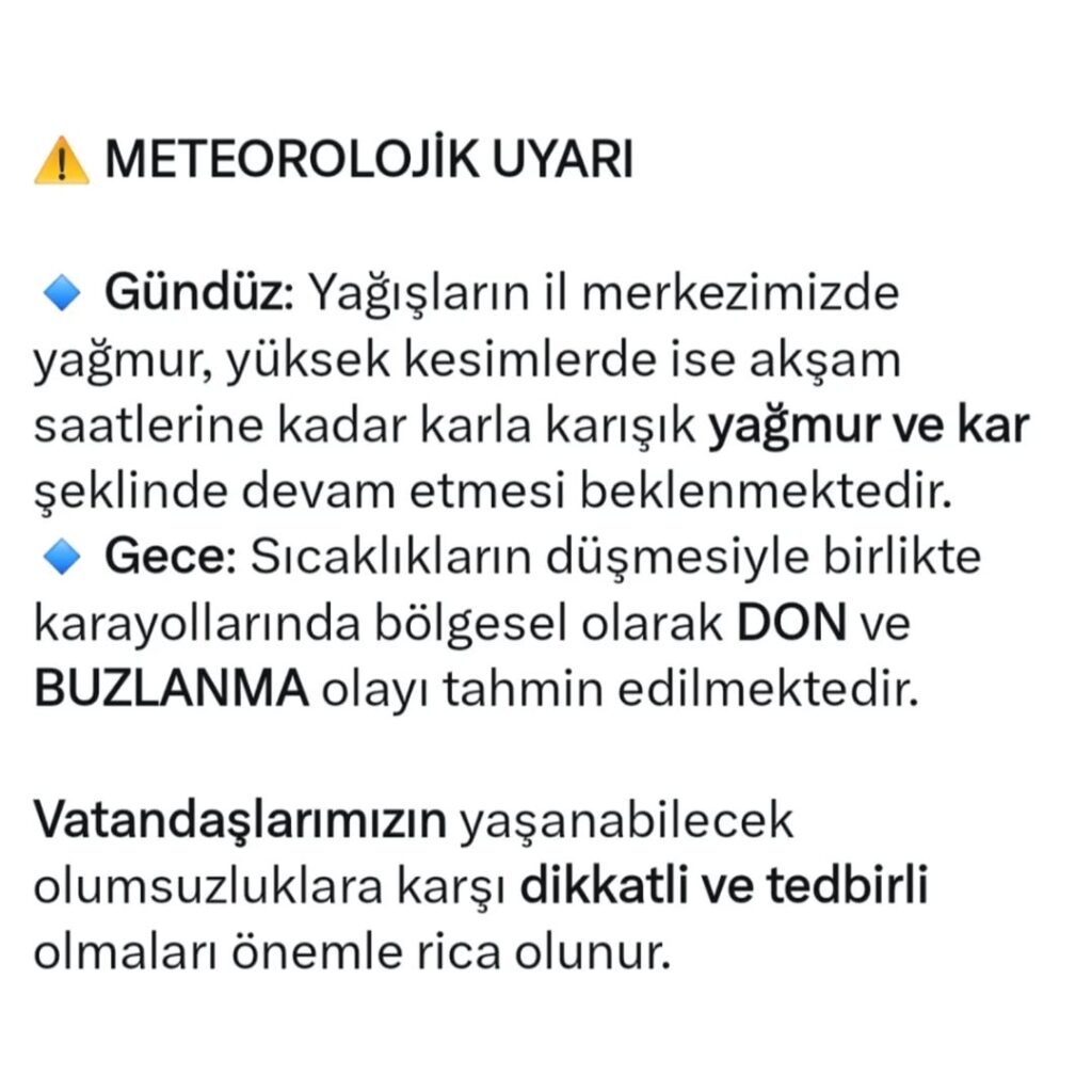 Afyonkarahisar Valiliği’nden Meteorolojik Uyarı
