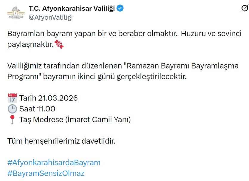 Afyonkarahisar Valiliği’nden Bayramlaşma Programı Duyurusu