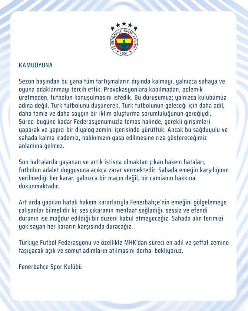 Fenerbahçe’den Hakem Hatalarına Tepki: Kamuoyuna Açıklama