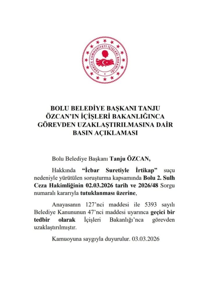 BOLU BELEDİYE BAŞKANI TANJU ÖZCAN İÇİŞLERİ BAKANLIĞI TARAFINDAN GÖREVDEN UZAKLAŞTIRILDI