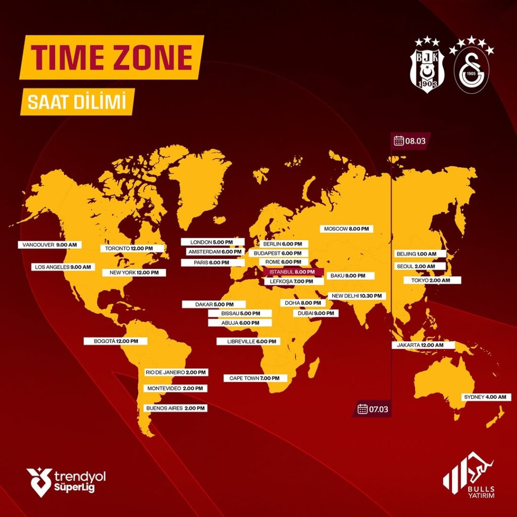 Galatasaray’ın Beşiktaş Maçı İçin Dünya Çapında Taraftarlarına Saat Bilgisi