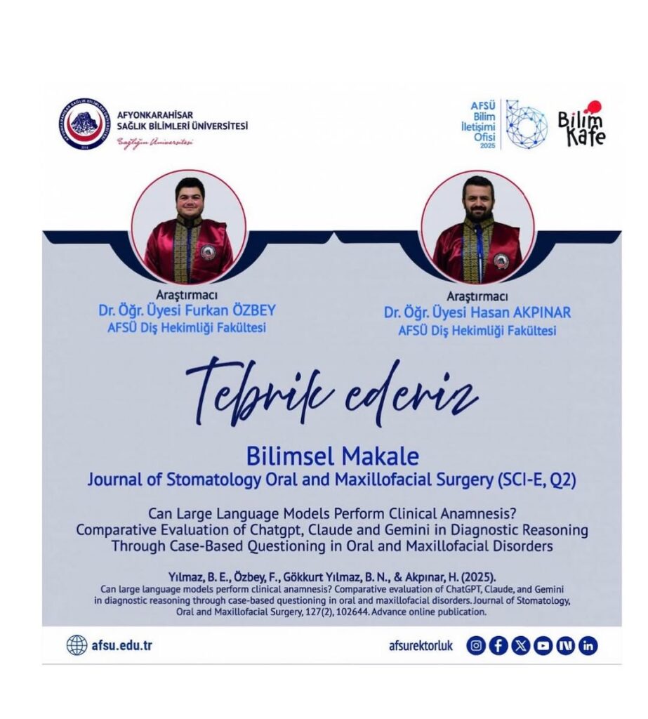 AFSÜ Akademisyenlerinden Yeni Bilimsel Makale: Journal of Stomatology Oral and Maxillofacial Surgery