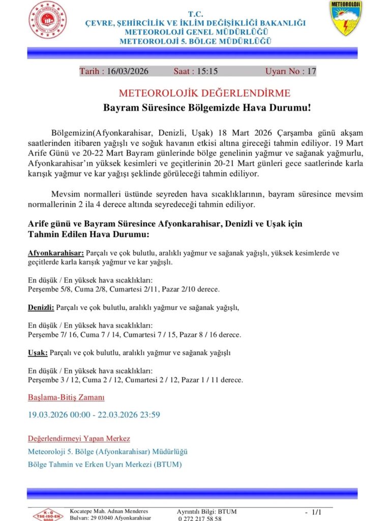 Bayram Süresince Bölgemizde Hava Durumu