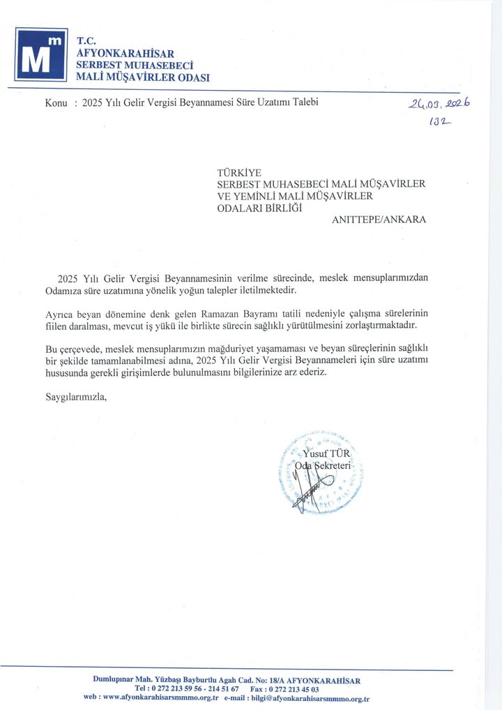 Afyonkarahisar Mali Müşavirler Odası’nın Uzatma Talebi Paylaşımı