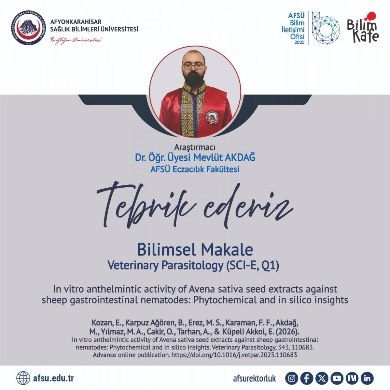 Akademik Başarı: AFSÜ’den Bilimsel Makale (Veterinary Parasitology)
