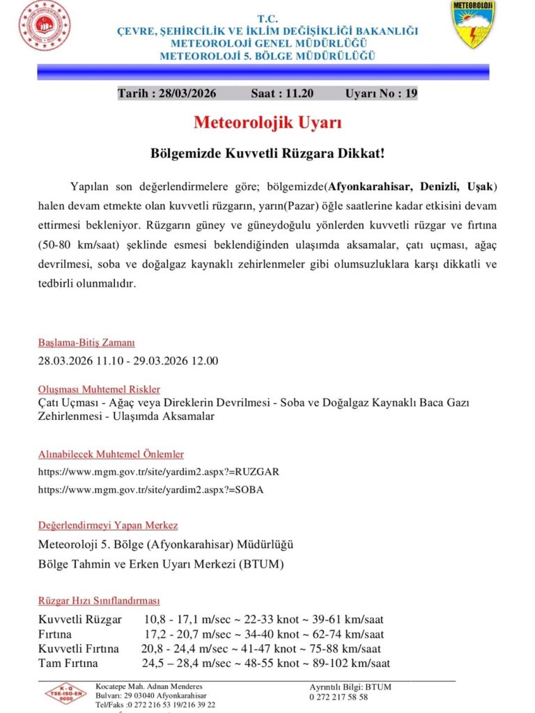 Afyonkarahisar Meteoroloji 5. Bölge Müdürlüğü’nden Kuvvetli Rüzgar ve Fırtına Uyarısı