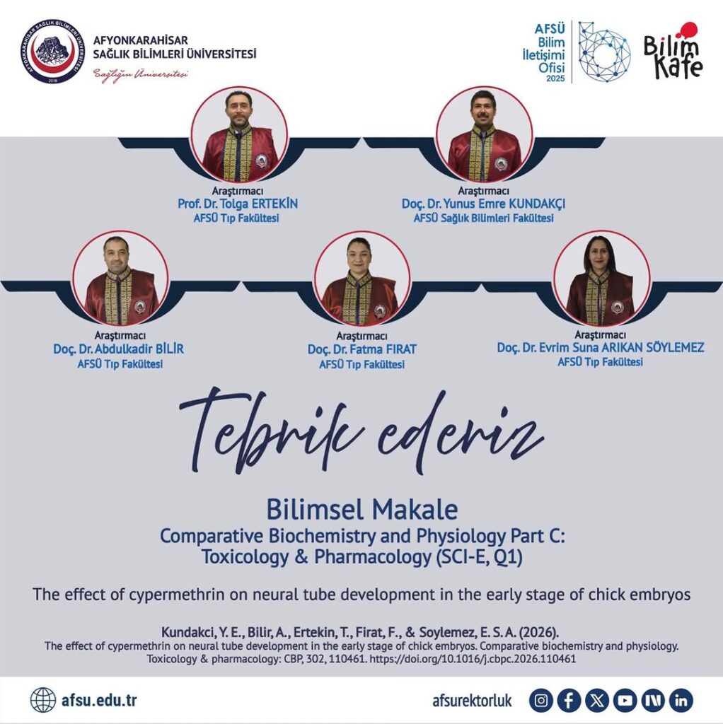 AFSÜ Öğretim Üyesinden Yayın Başarısı: Comparative Biochemistry and Physiology Part C: Toxicology & Pharmacology Makalesi