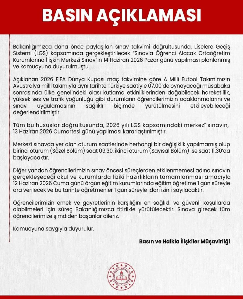 Afyonkarahisar İl Milli Eğitim Müdürlüğü’nden LGS Sınav Tarihi Açıklaması