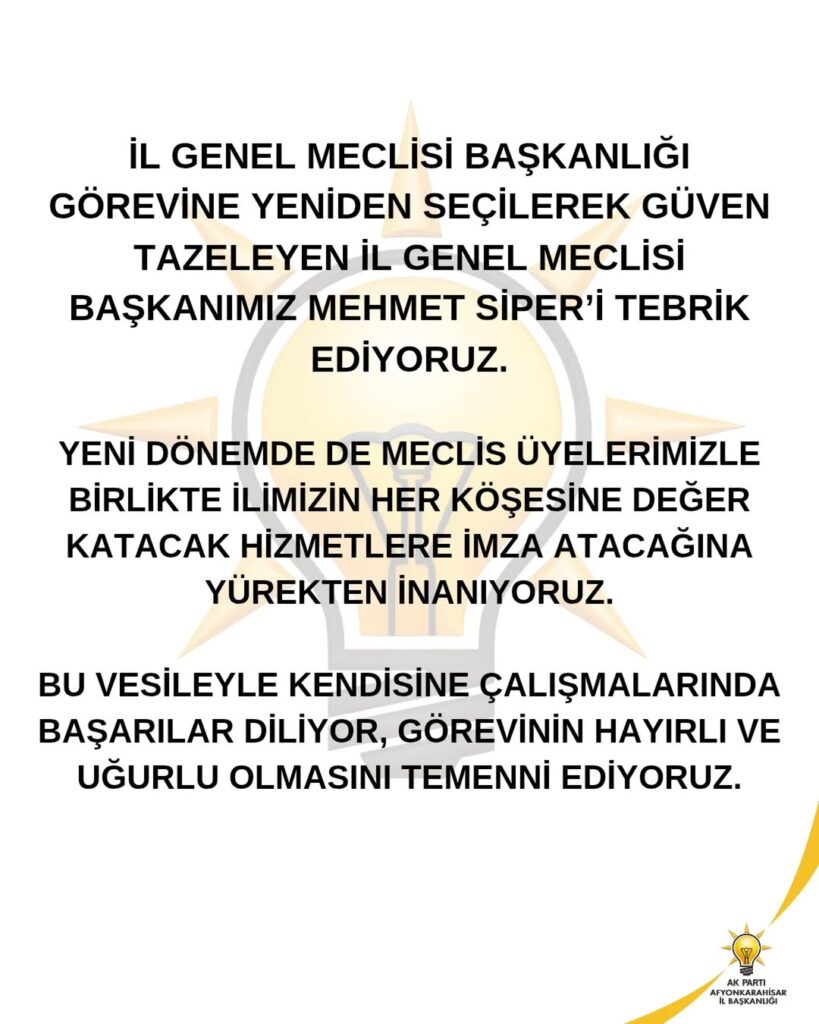 AK Parti Afyonkarahisar İl Başkanlığı’ndan Mehmet Siper’e Tebrik