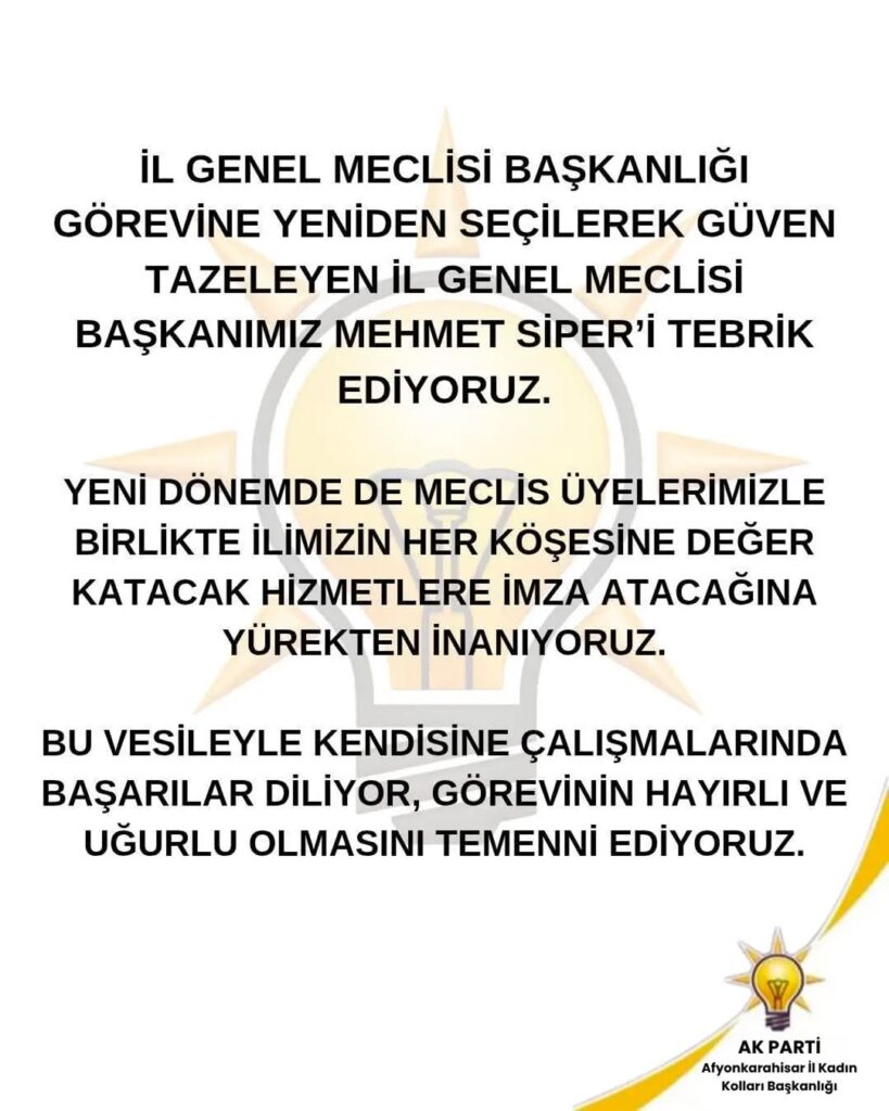 AK Parti Afyonkarahisar İl Kadın Kolları’ndan Mehmet Siper’e Tebrik Mesajı