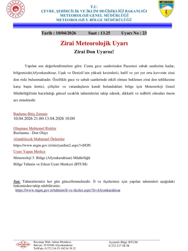 Zirai Don Uyarısı: Afyonkarahisar Meteoroloji 5. Bölge Müdürlüğü’nden Önemli Açıklama