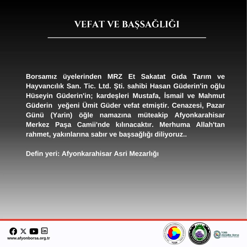 Afyonkarahisar Ticaret Borsası’ndan Başsağlığı Mesajı