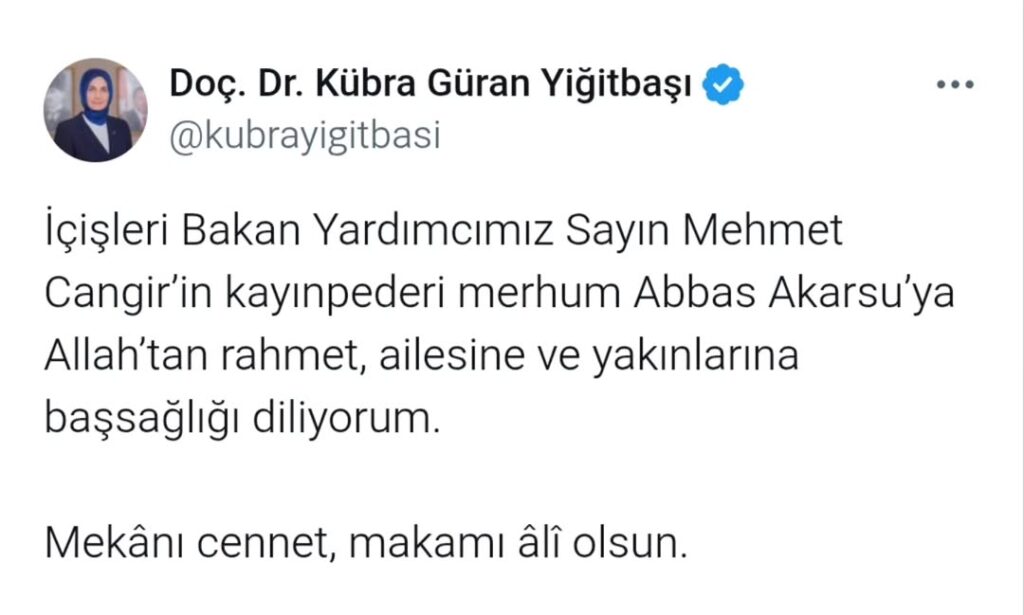 İçişleri Bakan Yardımcısı Mehmet Cangir’in Kayınpederi İçin Başsağlığı Mesajı