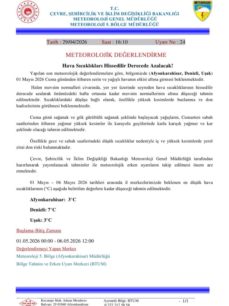 Sıcaklıkların Düşeceği Uyarısı Meteoroloji Genel Müdürlüğü’nden