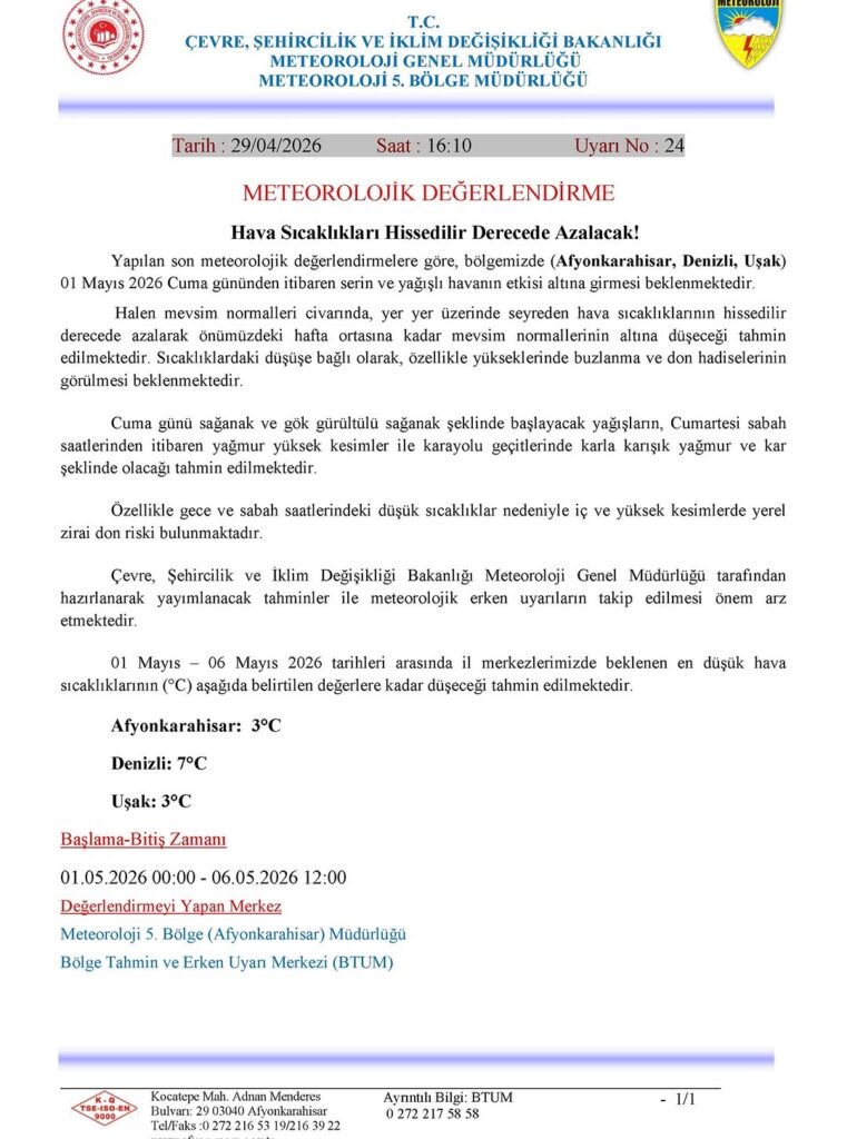 Meteoroloji Genel Müdürlüğünden Yapılan Hava Durumu Duyurusu