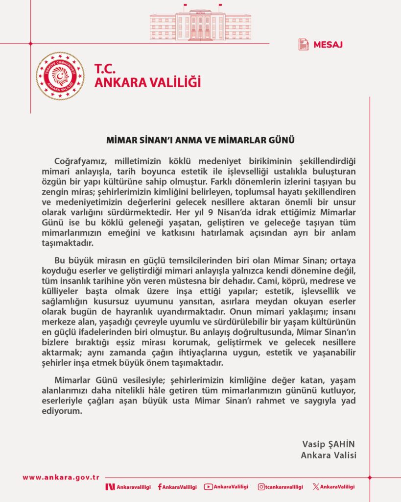Vali Vasip Şahin’den Mimar Sinan ve Mimarlar Günü Mesajı