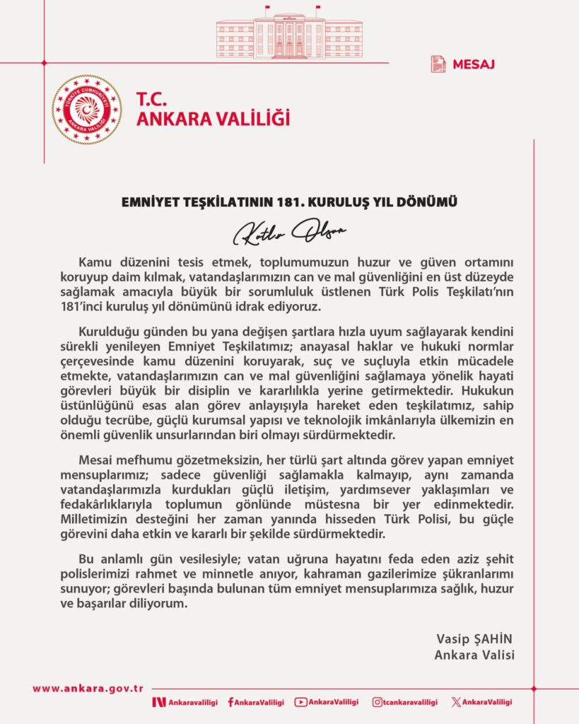 Vali Vasip Şahin’den Türk Polisi’nin 181. Yılı Mesajı