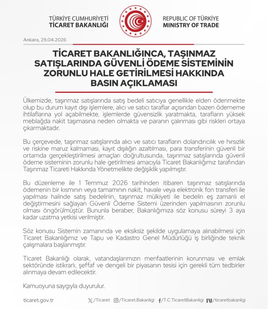 Gayrimenkul satışlarında güvenli ödeme sistemi zorunlu hale geldi