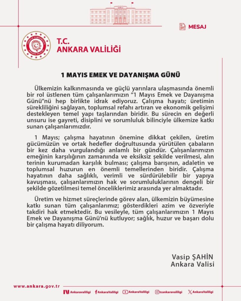Vali Şahin’den 1 Mayıs Mesajı
