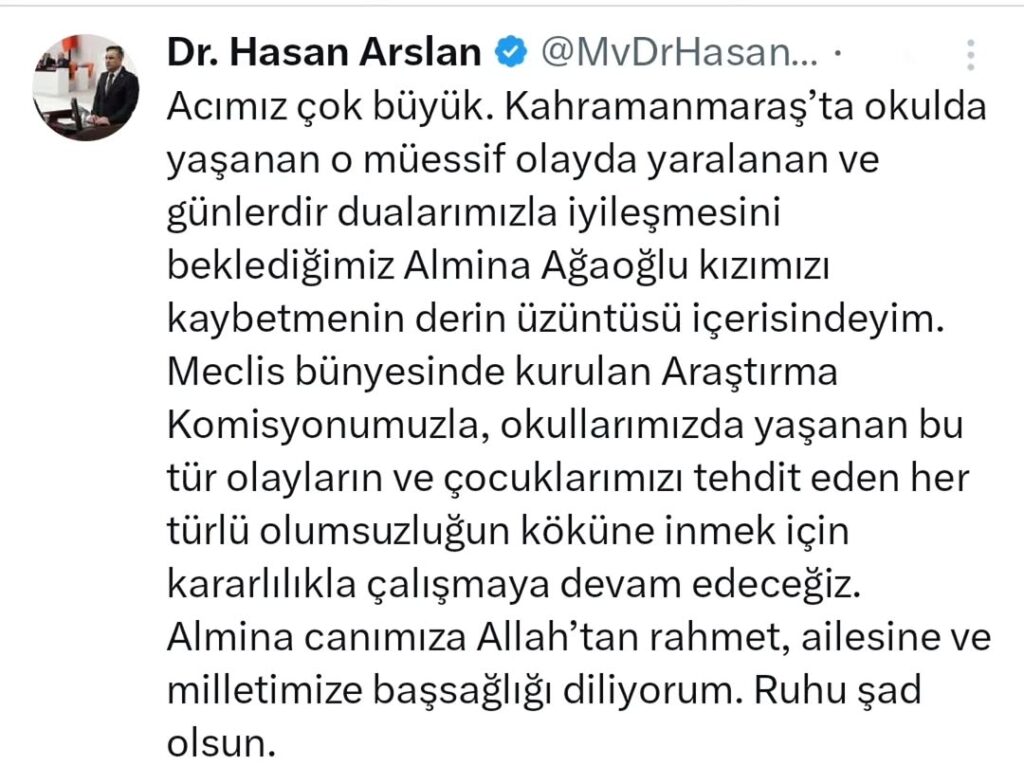 Kahramanmaraş’ta Okulda Yaşanan Acı Olayın Ardından Almina Ağaoğlu’nu Kaybettik