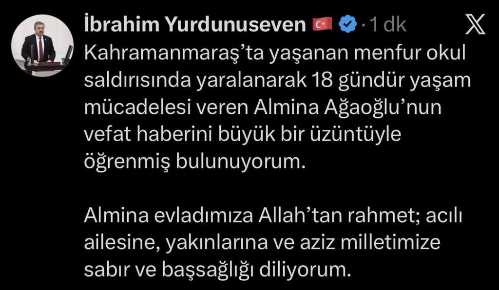 Kahramanmaraş’ta Menfur Okul Saldırısında Yaralanan Almina Ağaoğlu Vefat Etti