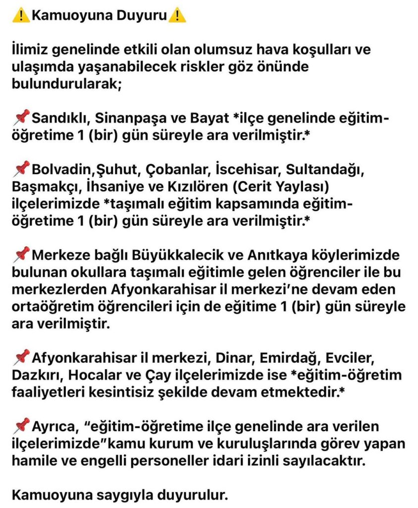 Afyonkarahisar Valiliği’nden Eğitim Açıklaması