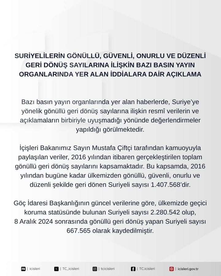 T.C. İçişleri Bakanlığı’ndan Suriyelilerin Geri Dönüş Sayılarıyla İlgili Açıklama
