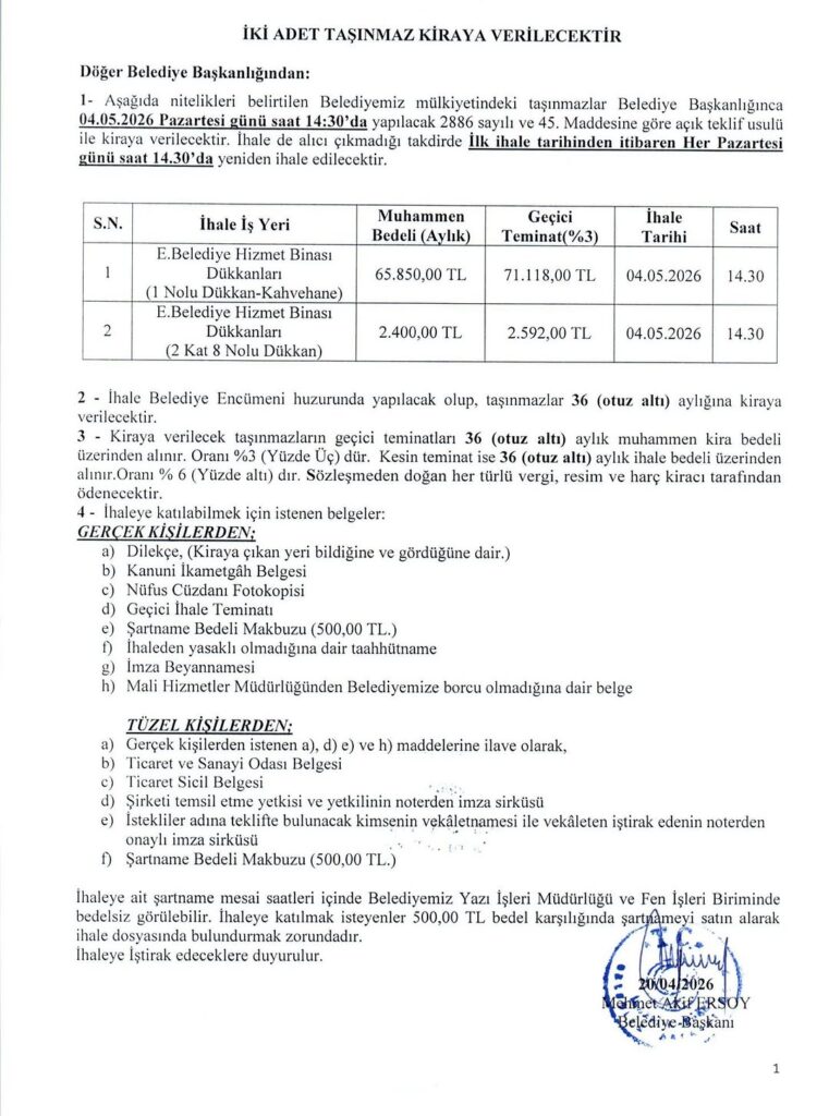Eski Belediye Hizmet Binası ve Dükkanlarının Kiraya Verileceği İhale Duyurusu