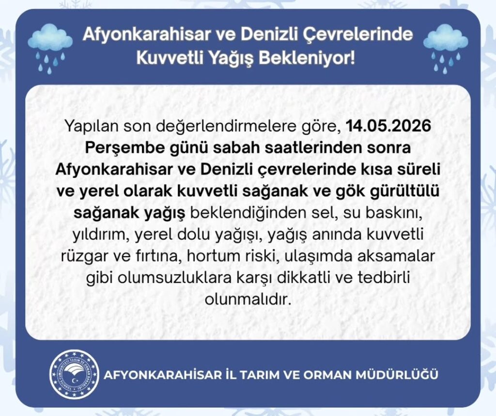 Afyonkarahisar ve Denizli Çevresinde Kuvvetli Yağış Bekleniyor