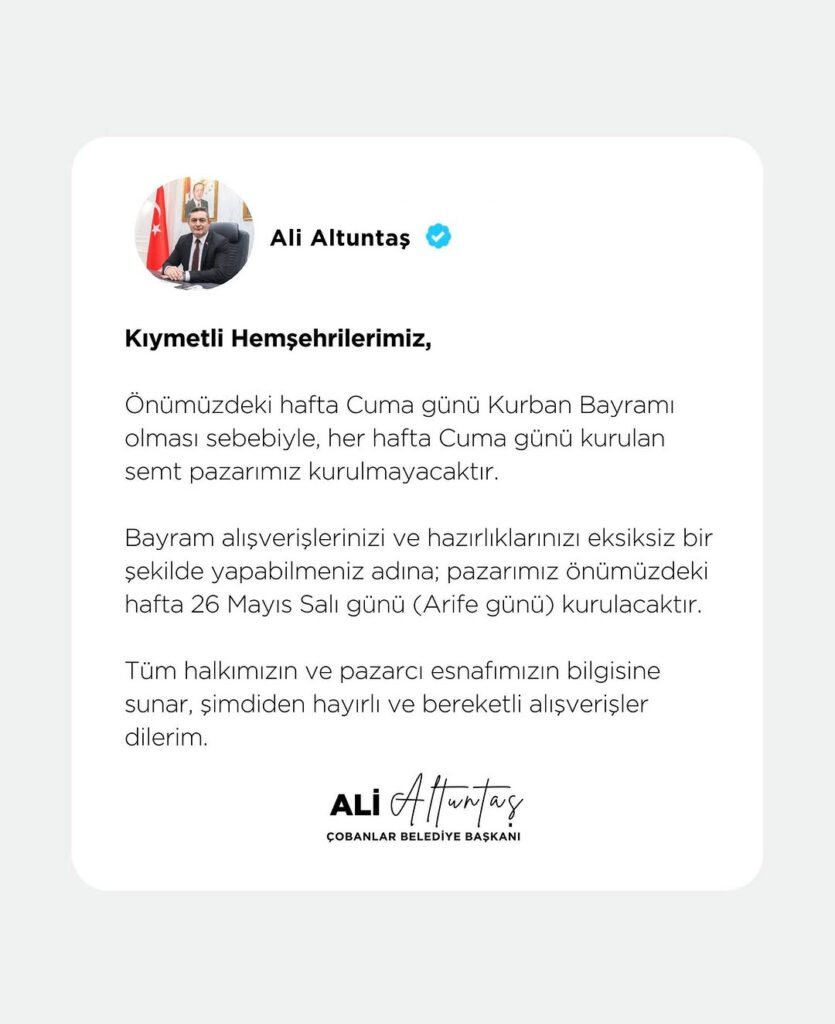 Çobanlar Belediye Başkanı Ali Altuntaş’tan Kıymetli Hemşehrilerimize Duyuru
