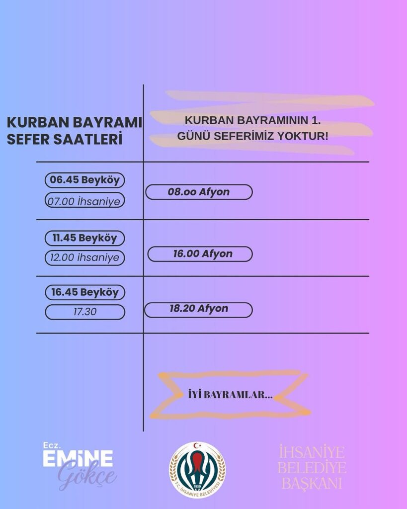 İhsaniye Belediyesi’nden Kurban Bayramı Sefer Saatleri Duyurusu