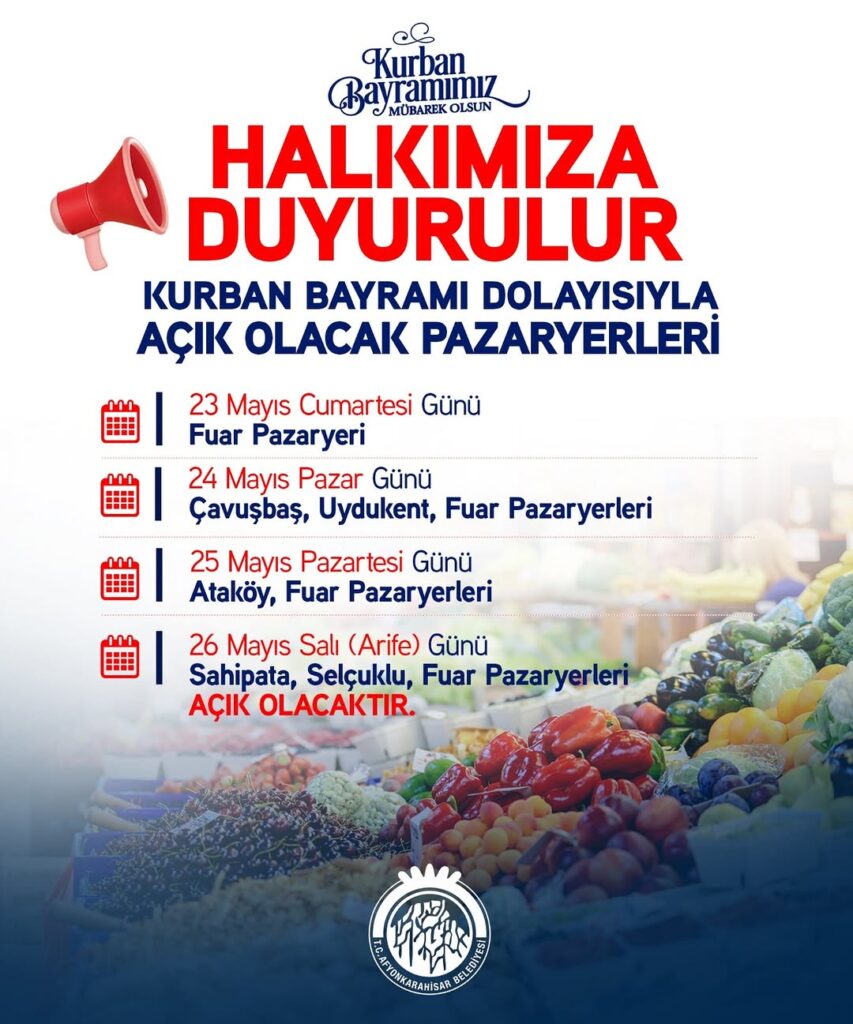 Afyonkarahisar Belediyesi’nden Kurban Bayramı Açık Pazar Yeri Duyurusu