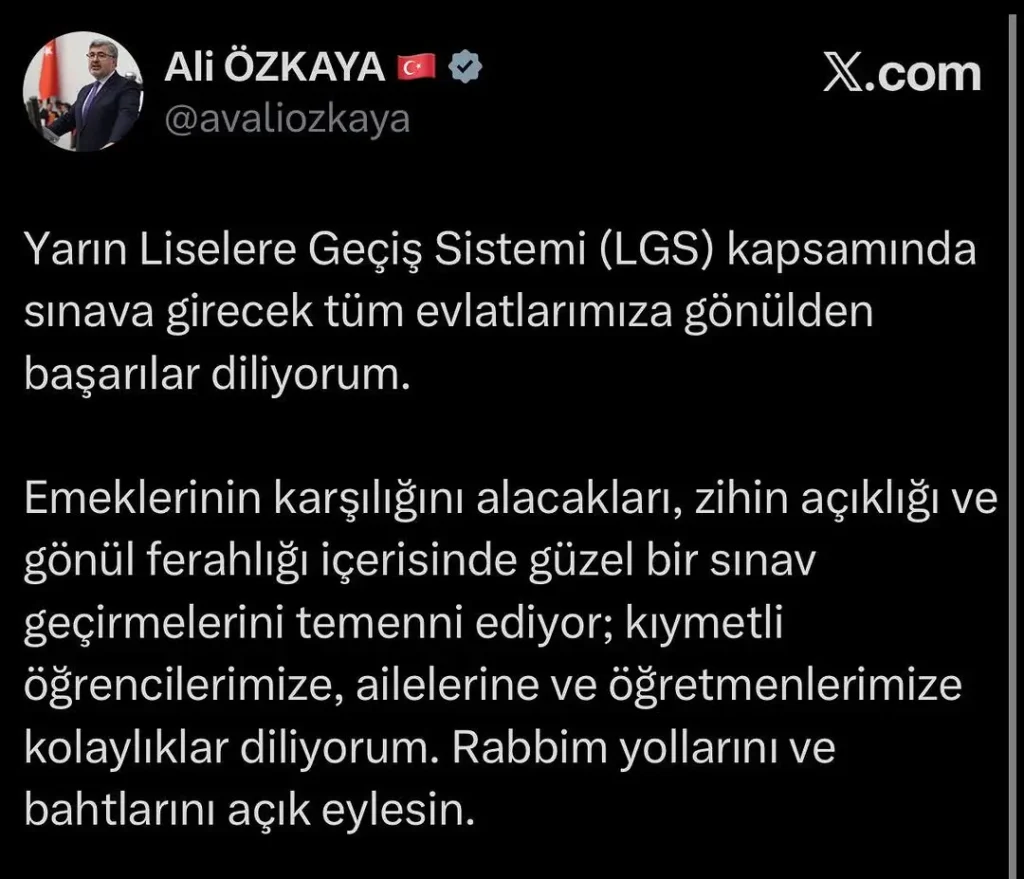 Ak Parti Afyonkarahisar Milletvekili Ali Özkaya’dan LGS Sınavı Öncesi Başarı Dileği
