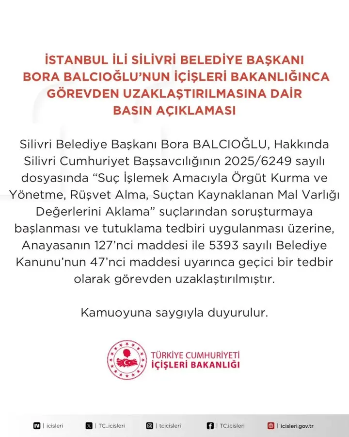 İstanbul Silivri Belediye Başkanı Bora Balcıoğlu’nun İçişleri Bakanlığınca Görevden Uzaklaştırılmasına İlişkin Açıklama