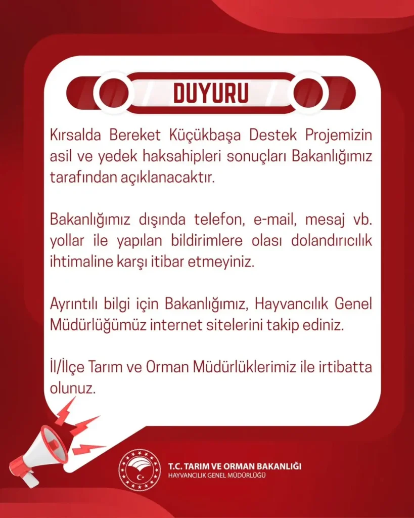 Kırsalda Bereket Küçükbaşa Destek Projesi Asil ve Yedek Hak Sahibi Sonuçları Açıklandı