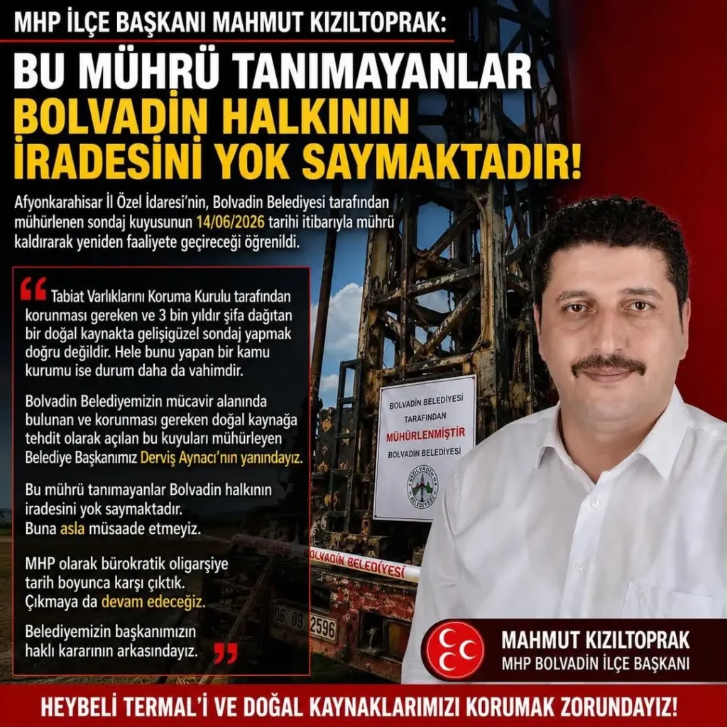 MHP İlçe Başkanı Kızıltoprak’tan Heybeli Termal Bölgesi’nde Mühürlenen Sondaj Kuyusu İle İlgili Sert Tepki