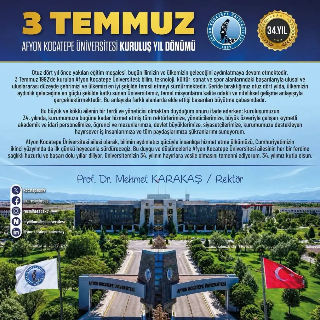 Afyon Kocatepe Üniversitesi 34. Yıl Dönümü Mesajı