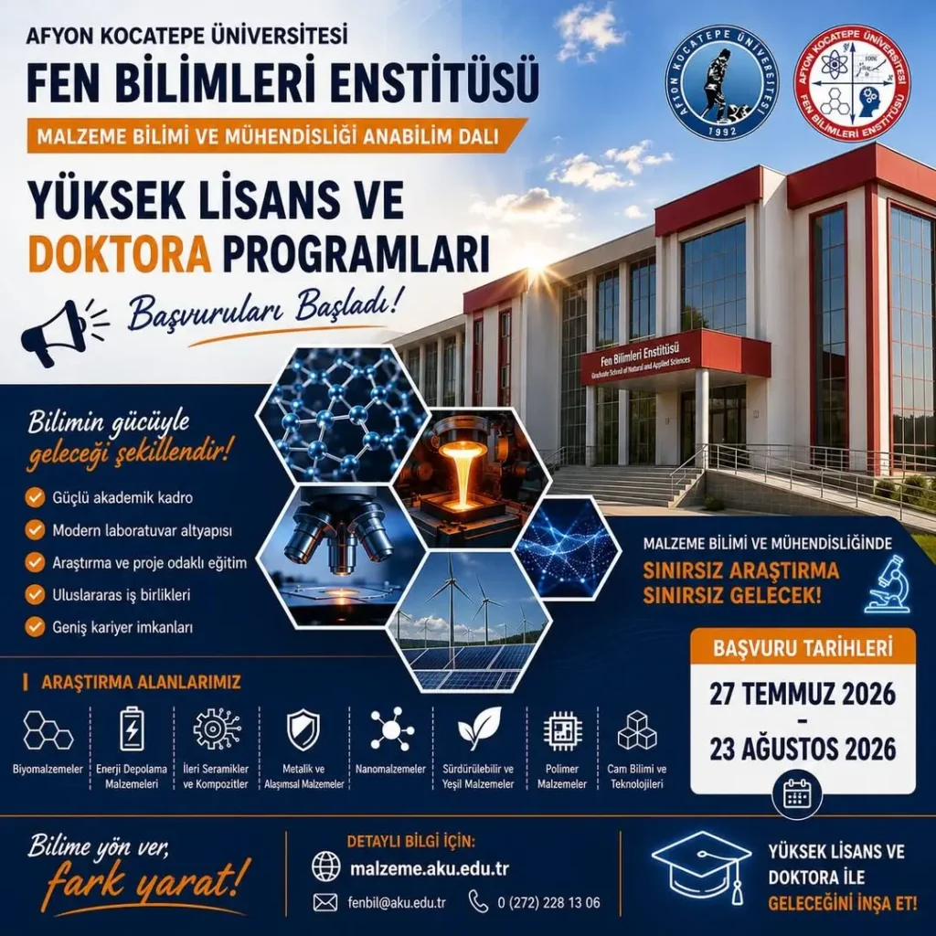 Afyon Kocatepe Üniversitesi Malzeme Bilimi ve Mühendisliği Anabilim Dalı Lisansüstü Programı Başvuruları Başlıyor!
