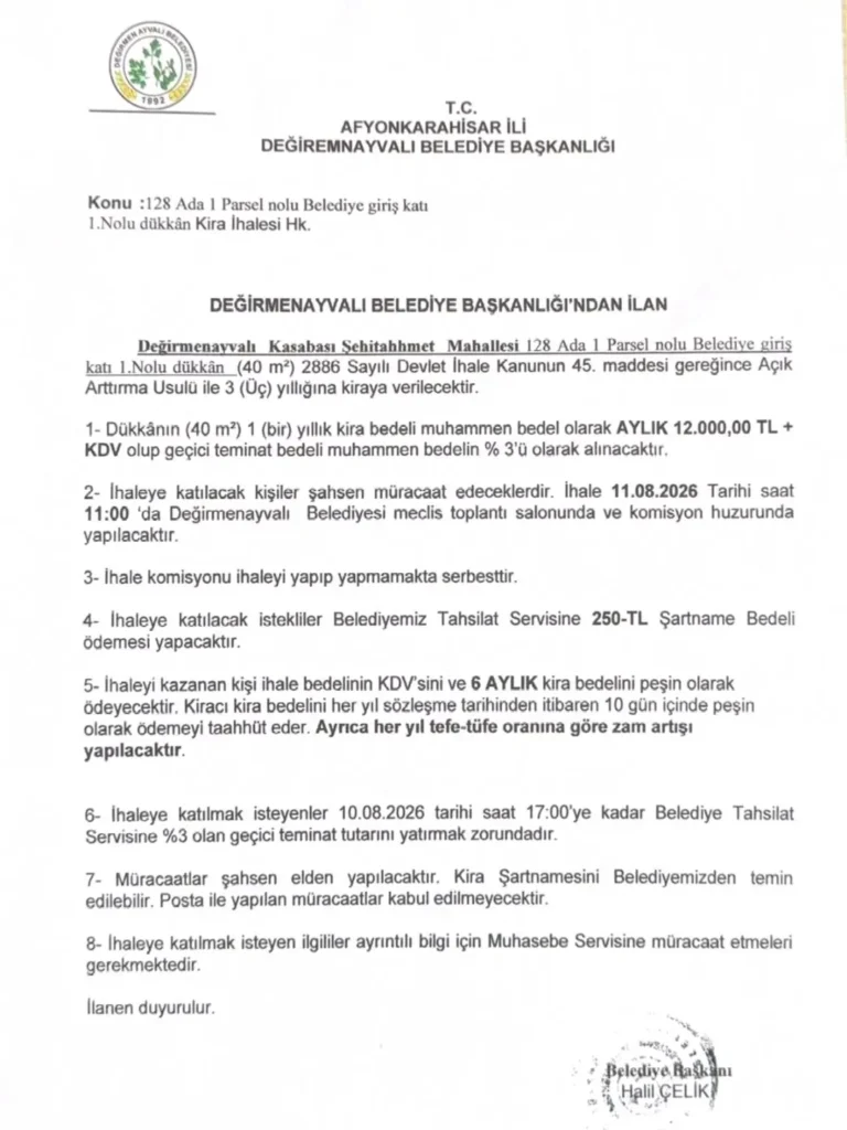 Değirmenayvalı Belediye Başkanı Halil Çelik İhale İlanı Duyurdu