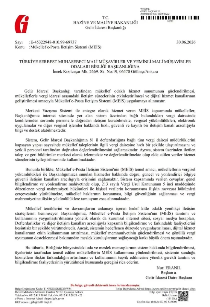 Gelir İdaresi Başkanlığı Tarafından Mükellef e-Posta İletişim Sistemi (MEİS) Kuruldu