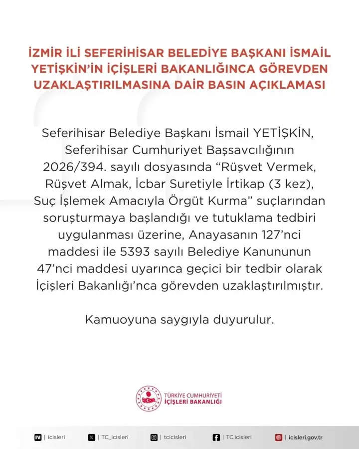 İzmir Seferihisar Belediye Başkanı İsmail Yetişkin’in İçişleri Bakanlığı Tarafından Görevden Uzaklaştırılması